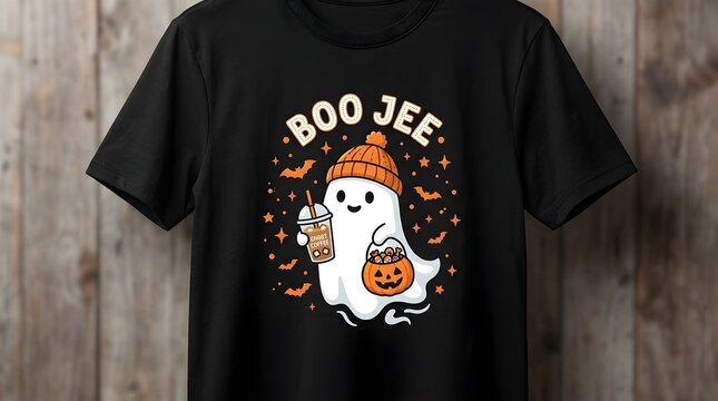 Boo jee halloween tshirt design with a cute ghost wearing a beanie and holding coffee and a pumpkin bucket