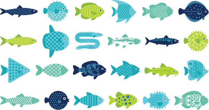Colorful Sea Fish Vector Icon Set with Marine Animals Aquarium Species and Geometric Patterns for Seafood Restaurant Menus and Ocean Background Designs