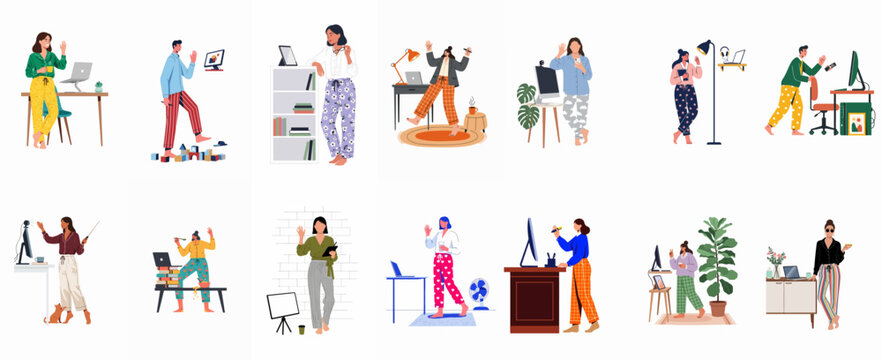 Collection of diverse people working from home in pajamas, engaging in remote work activities like video calls and computer tasks.