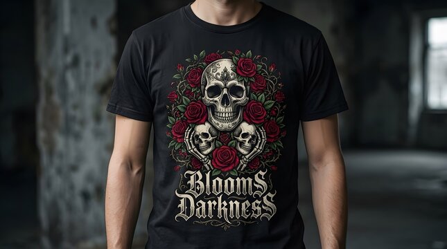 Blooms of darkness tshirt design with skulls and red roses