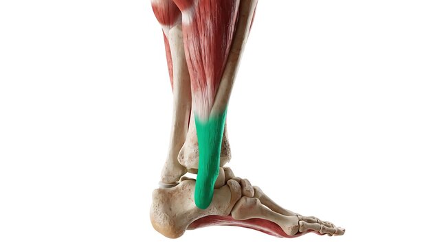 3D medical illustration of ankle injury with highlighted pain area. Detailed anatomical foot model showing tendon or ligament damage. Healthcare pr...