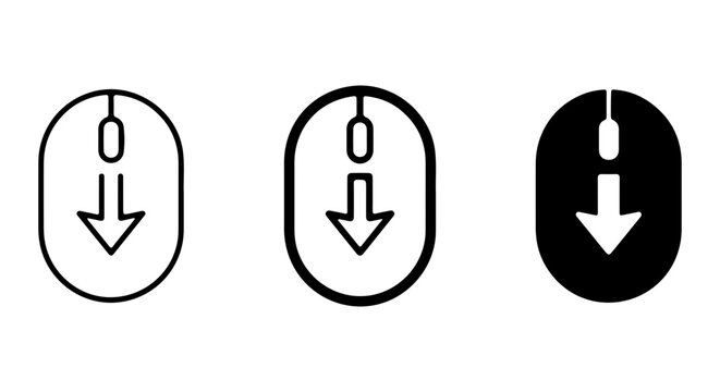 Computer Mouse Scroll Icons, Down Arrow Navigation Symbols, Vector Clicks and Cursors
