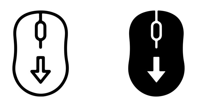 Computer Mouse Icons, Scroll Down Vector Graphics, Input Device Symbols, Black and White Clicks