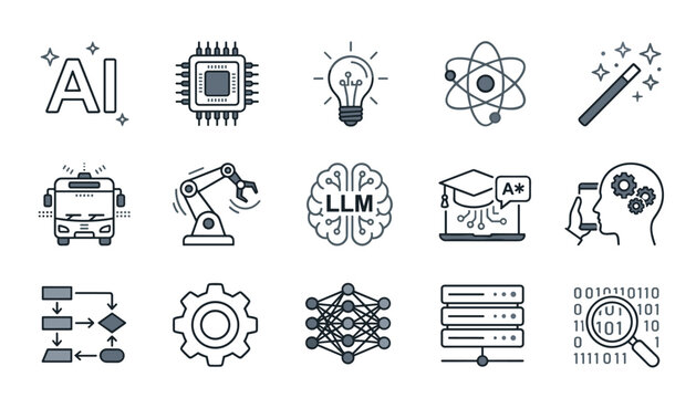 Artificial intelligence and technology line icon set. Microchip, robot, brain, server, network, learning, code and automation.