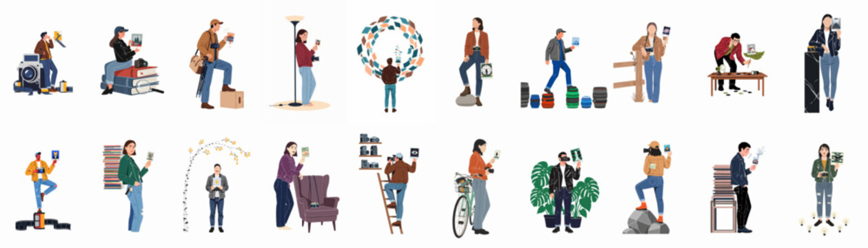 Large collection of diverse photographers and photo enthusiasts in various creative poses, holding cameras and printed photographs, flat vector illustration set.