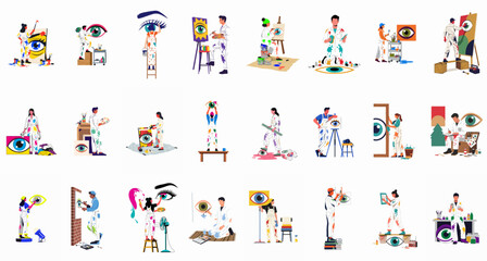 Fototapeta premium A collection of diverse artists in paint-splattered overalls creating various artworks focused on the theme of eyes using different tools and techniques.