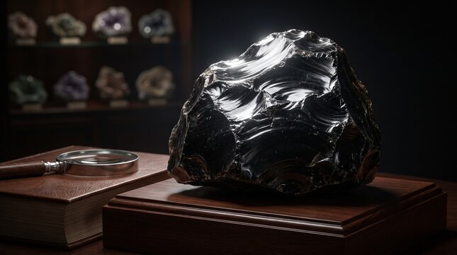 Large polished black obsidian stone with sharp glasslike edges sits on a dark wooden display base for geological science study