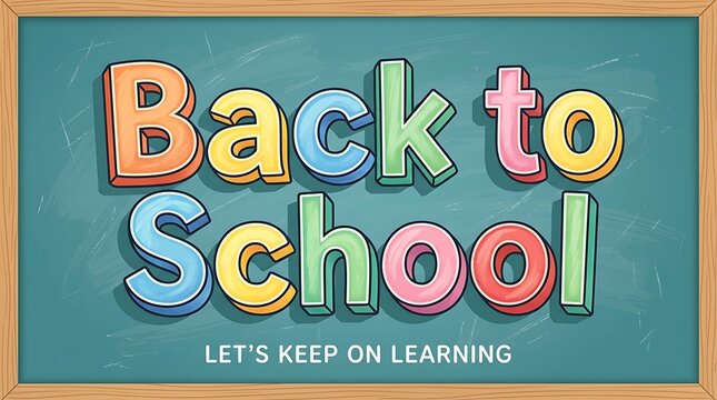 Back to school chalkboard with colorful text and wooden frame
