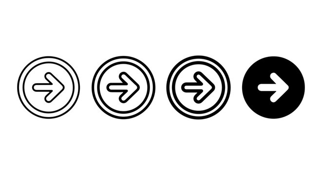 Set of Four Right Arrow Icons, Circular Navigation Buttons, Simple Vector Graphics, Black and White UI Elements