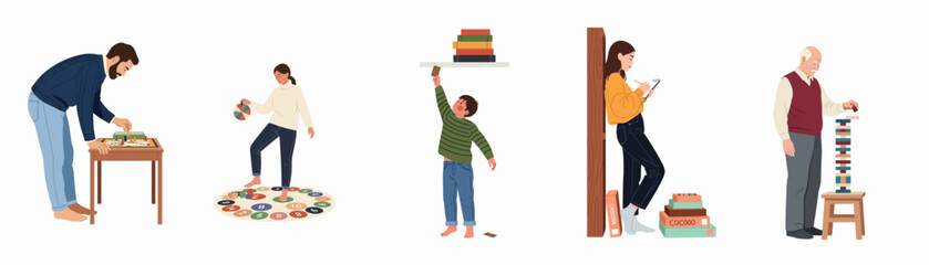 Diverse people of different ages enjoying various indoor activities and board games, isolated on a white background.