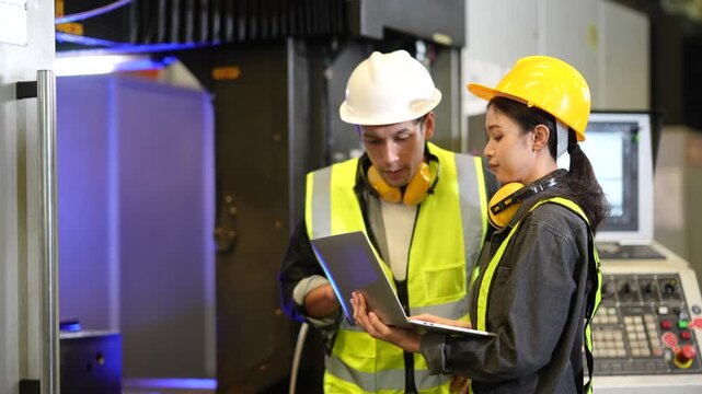 Manufacturing engineers discuss machining operations while reviewing production data on laptop in front of CNC machine and parts cleaning cabinet. Industrial collaboration.
