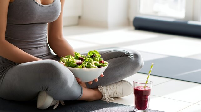 Healthy young woman eating a fresh salad and protein smoothie after a workout