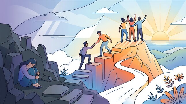Diverse group of people helping each other climb mountain stairs toward a bright sunrise.