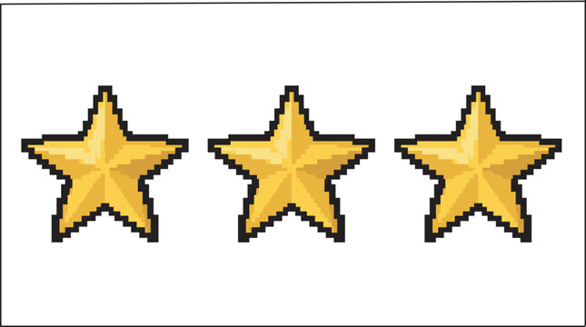 Golden pixel star rating icons, retro game achievement vector collection design