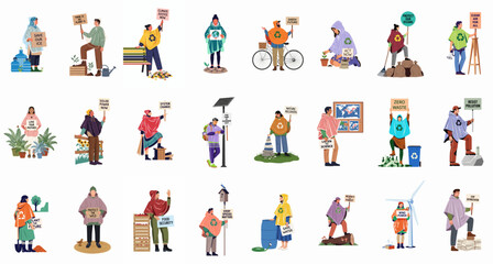 Fototapeta premium Comprehensive collection of environmental activist illustrations advocating for climate justice, renewable energy, zero waste, and nature conservation through sustainable living practices.