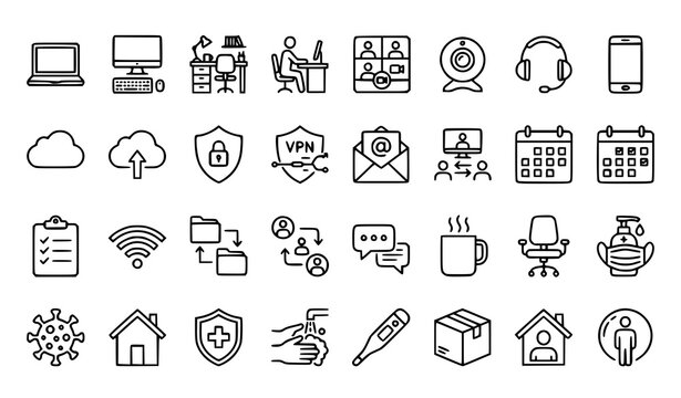 Stay Home Stay Safe Remote Work Linear Outline Vector Icons for Web UI Design
