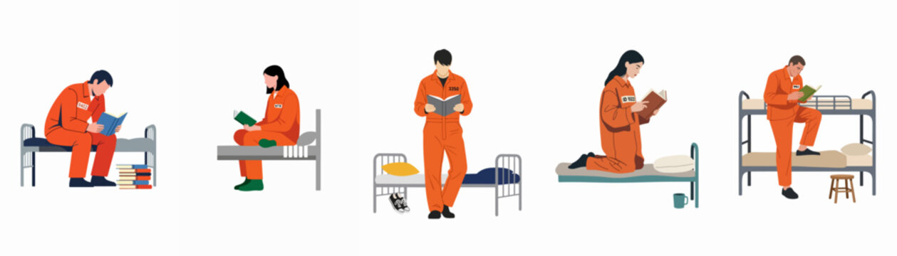 Flat illustration set of prisoners in orange jumpsuits reading books on their beds, highlighting educational opportunities and personal growth within a correctional facility.