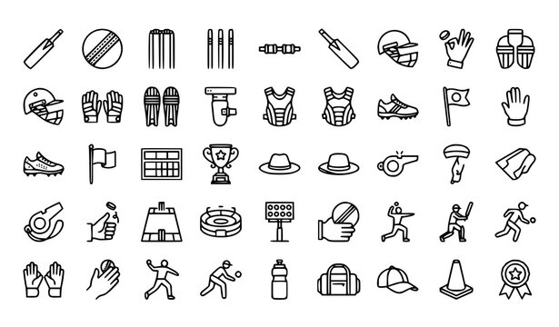 Cricket Sport and Recreation Thin Line Vector Icon Set Isolated on White Background