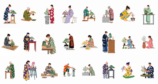 Collection of diverse Japanese people in traditional kimonos and yukatas carefully pruning and tending to various bonsai trees and miniature plants on white background.