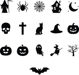 Fototapeta premium Halloween silhouette icons set including grim reaper, spider, haunted house and pumpkins