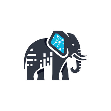 Modern digital elephant logo design with network connectivity and data visualization elements.