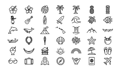 Hawaiian Culture Outline Icon Collection Featuring Tropical Islands Aloha Beach Surf and Polynesian Heritage © Sojib