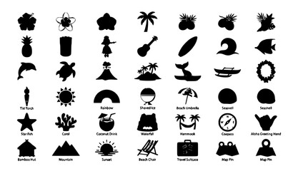 Hawaiian Island Culture Tropical Paradise Flat Vector Icon Set with Aloha Spirit Beach Hula and Polynesian Symbols © Sojib