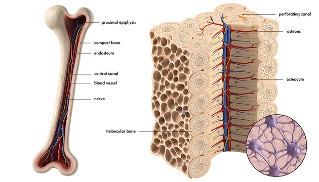 Human bone anatomy diagram. 3D medical cross section. Scientific study.