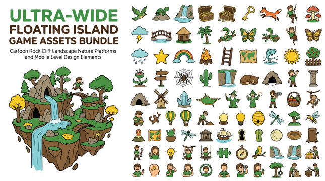 Ultra-wide floating island game assets bundle, cartoon nature landscape platforms and mobile level design elements, 70 adventure icons vector set