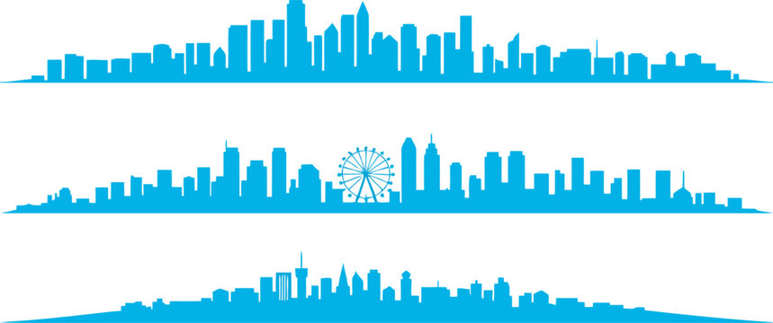 Blue city skylines with Ferris wheel and varied building silhouettes city skyline