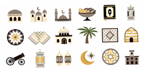 Islamic Cultural Icons Collection Flat Vector Illustration On White Background © Raju