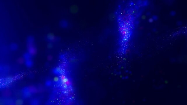 Abstract neon blue particle wave motion background with glowing dust