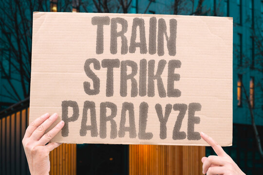 "Train Strike Paralyze" Public transit shutdown halts city. TRAIN. STRIKE. PARALYZE. TRANSIT. CITY.