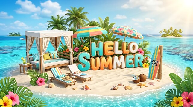 Colorful 3d hello summer text on a tropical island beach