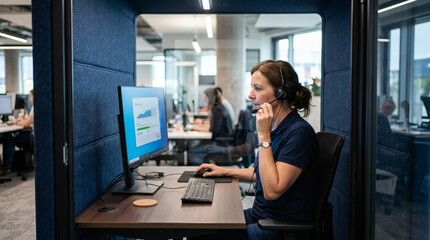 Fototapeta premium Female support agent with headset working in acoustic office booth, assisting clients in modern workplace.