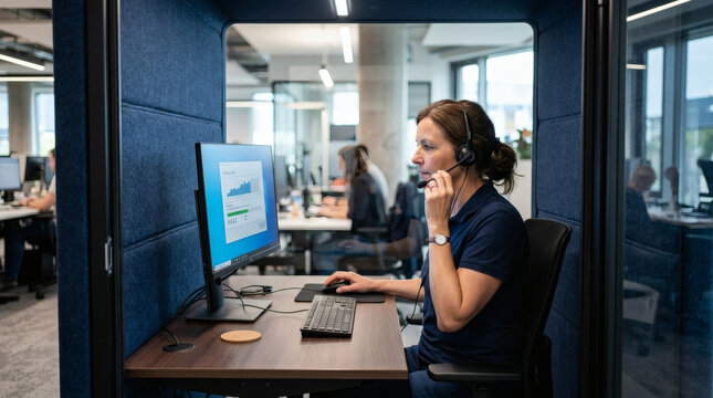 Female support agent with headset working in acoustic office booth, assisting clients in modern workplace.
