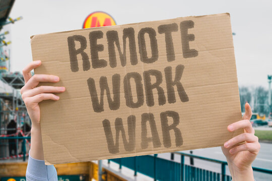 "Remote Work War" Battle over returning to office. REMOTE. WORK. WAR. OFFICE. RETURN.