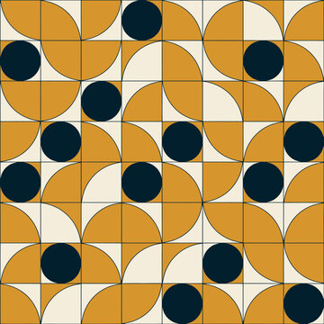 Abstract seamless pattern with yellow semi circles and dark blue dots on a grid background.