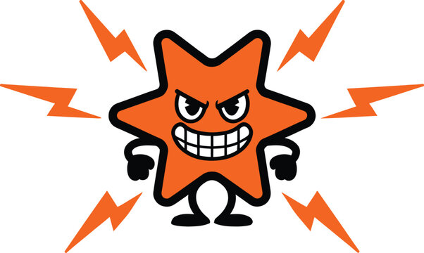 An angry orange star cartoon character with lightning bolts on a transparent background.