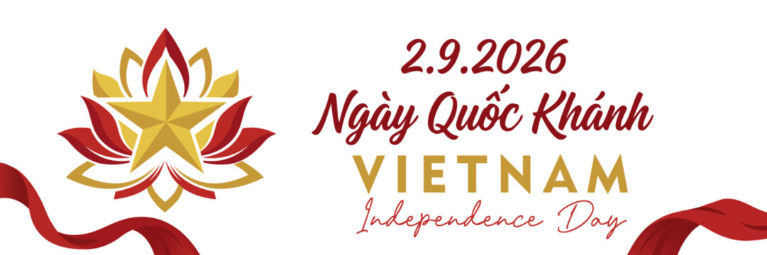 Modern Vietnam Independence Day banner featuring a golden star, lotus flower, and clean typography. Ideal for national celebration, greeting cards, posters, and social media designs.