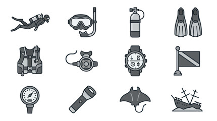 Scuba diving equipment and marine icons. © Pletuk