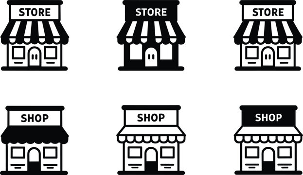 Set of storefront and retail shop building icons with awnings isolated on white background flat vector illustration for business and commerce