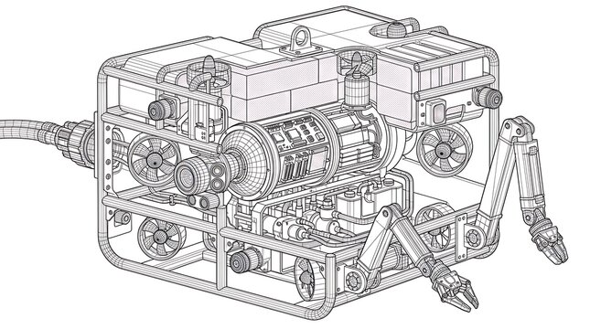 Wireframe illustration of an underwater robotic rov