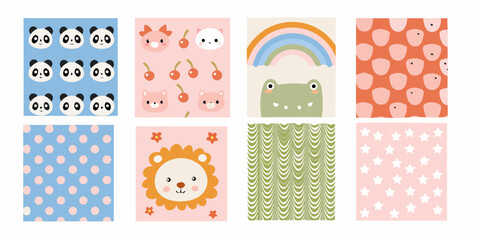 collection of cute animal and pattern designs on pastel backgrounds design colors animals panda faces lion face © Bebdas