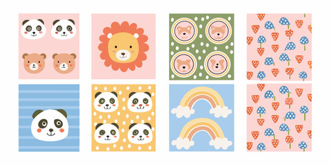 adorable pastel colored nursery wall art collection featuring panda lion bear rainbow and strawberry patterns animal pattern © Bebdas