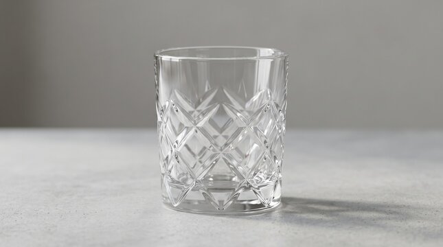 Crystal clear tumbler glass on marble surface with pattern sitting light surface against plain plain gray background diamond cut pattern still life