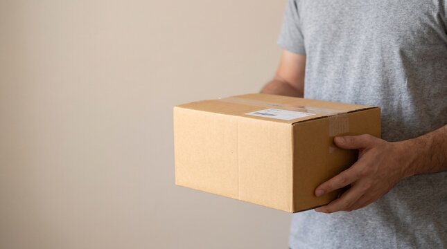 Man holding cardboard delivery box with box shipping label distribution logistics transport package service person supply parcel hand with mail