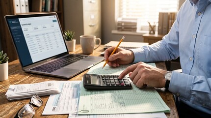 Person calculating finances with laptop papers and calculator on wooden desk with person working financial documents laptop well lit office with professional © Abbas