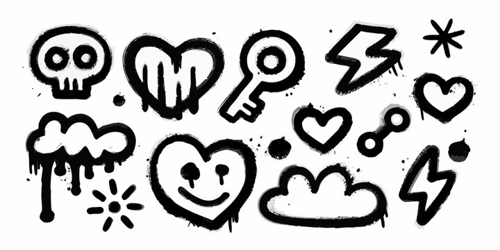 graffiti doodle set featuring skulls hearts and lightning bolts in edgy black and white style skull heart