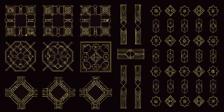 art deco decorative elements vector set on dark background geometric shapes ornamental design pattern collection vintage style